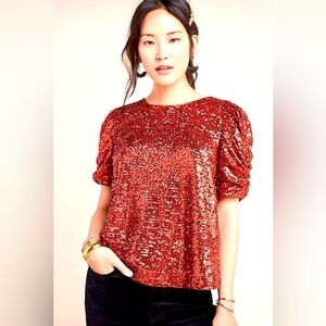 Anthropologie Copper Sequin Puff-Sleeve Blouse Size 2 NWT